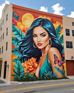 Colorful street mural of woman with blue hair and tropical flowers on building wall