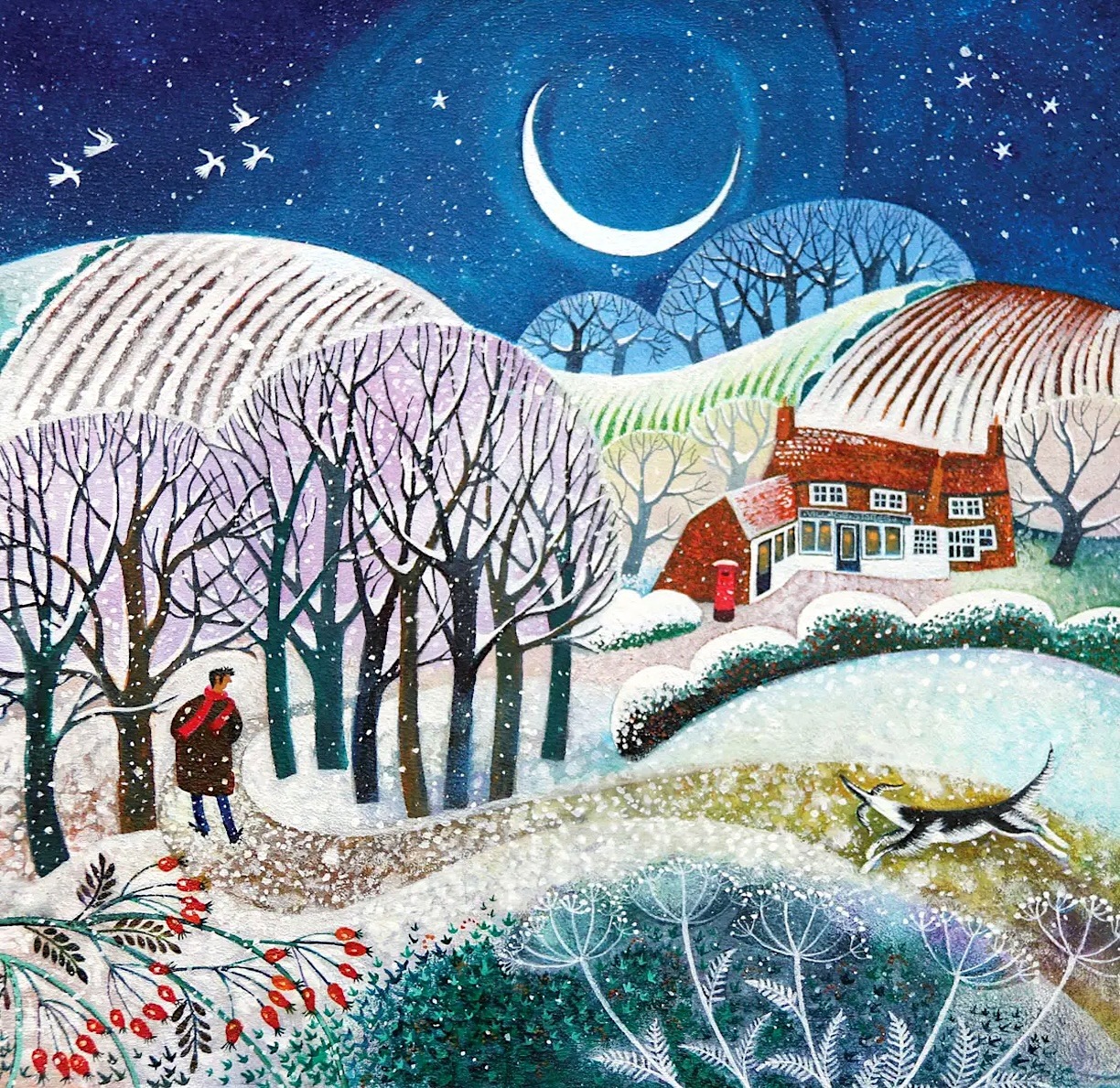 Winter painting of a cottage among bare trees and snowy hills beneath a crescent moon and starry sky