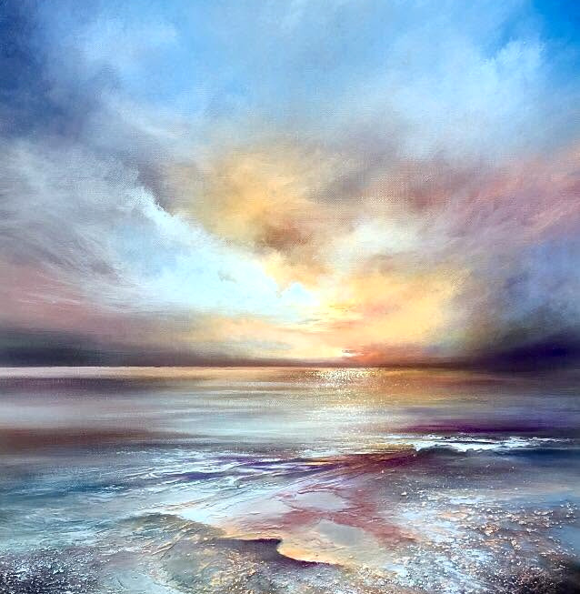 Colorful seascape painting with glowing sunset clouds over calm ocean water