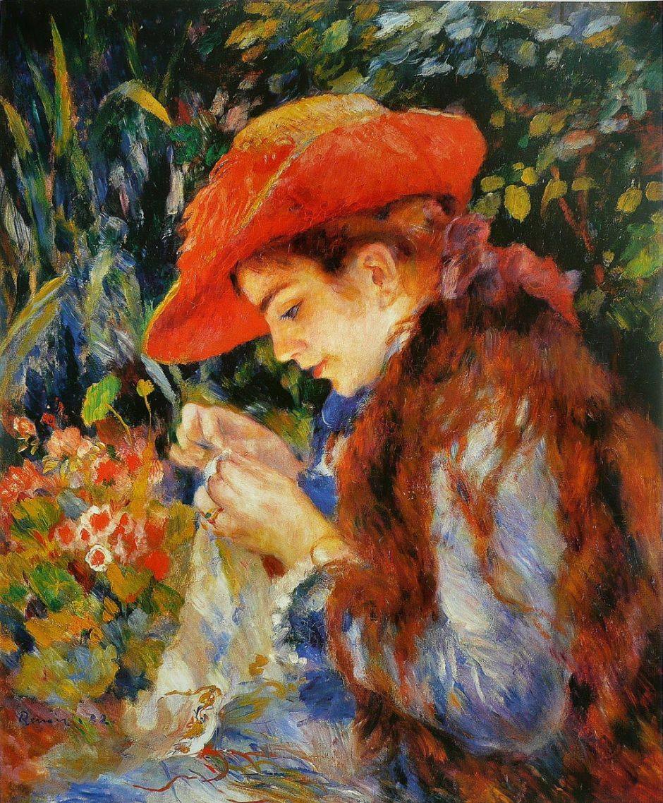 Impressionist painting of woman in red hat holding flowers