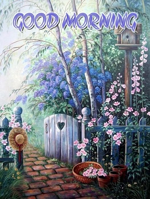 Painting of a garden gate with heart cutout, birdhouse, pink and purple flowers, and a brick pathway