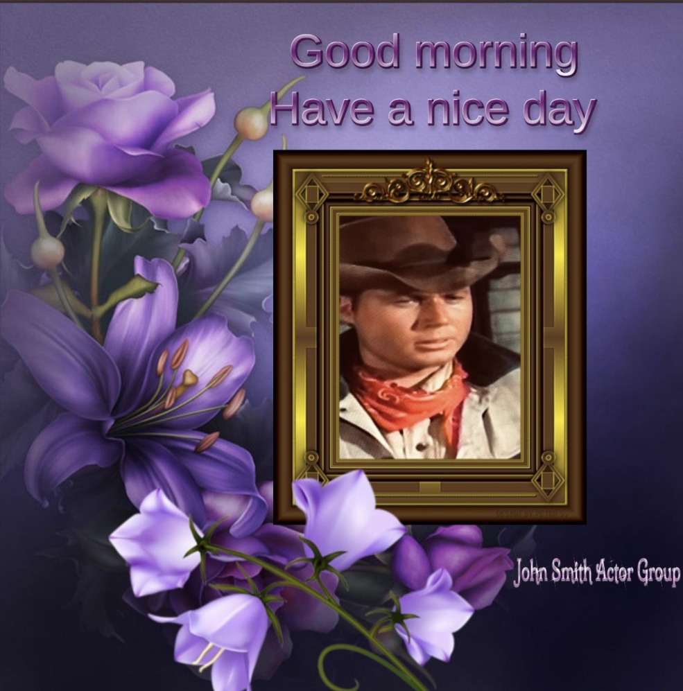 John Wayne portrait in ornate gold frame with purple flowers and good morning text