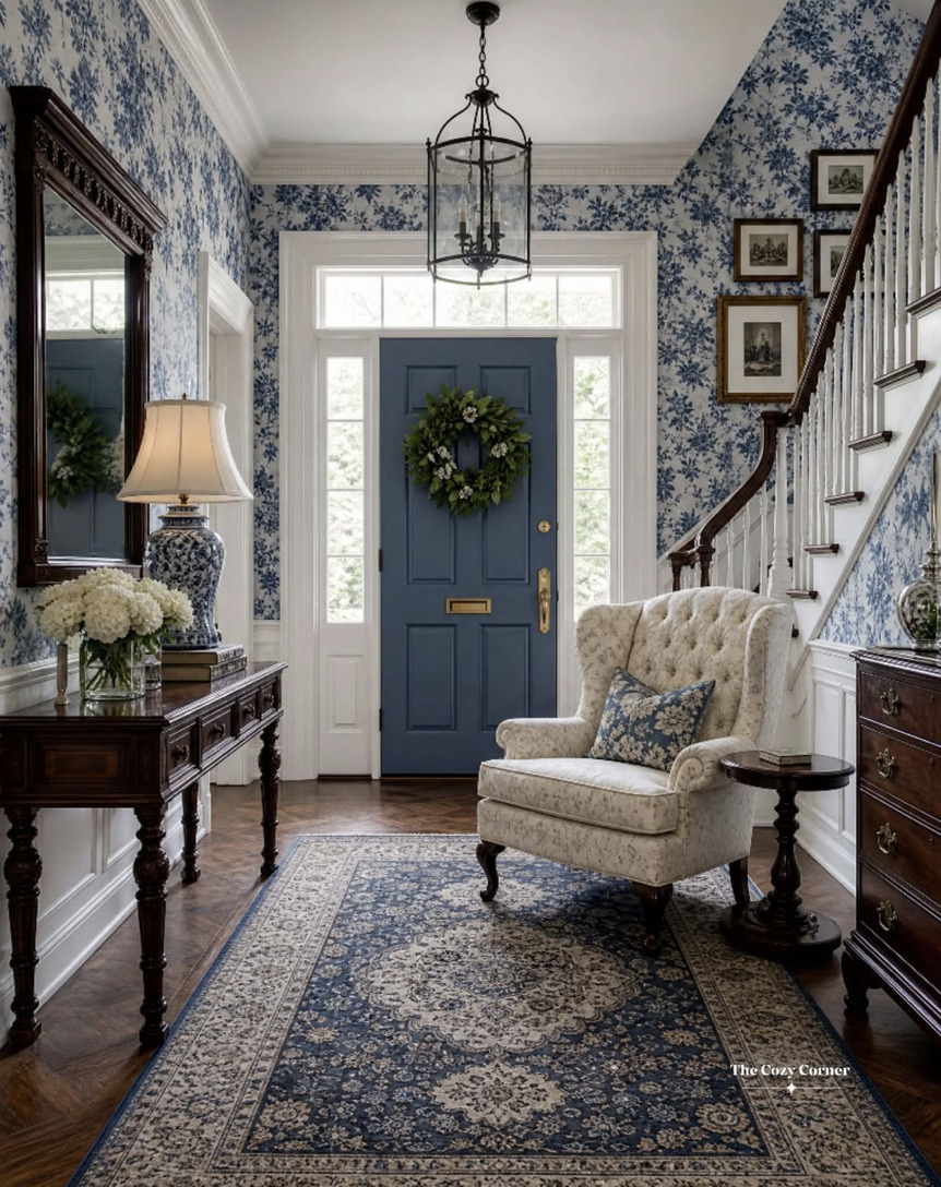 Classic entryway with blue floral wallpaper, navy door with wreath, wingback armchair, and staircase