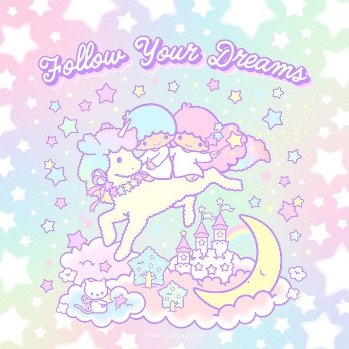 Little Twin Stars riding a unicorn over a castle with moon and stars in pastel colors