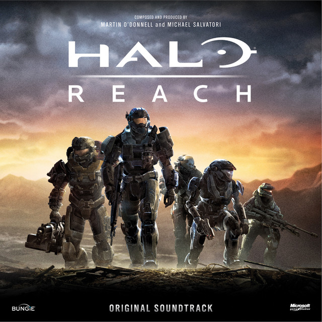 Armored sci-fi soldiers stride across a battlefield at sunset under the Halo Reach title
