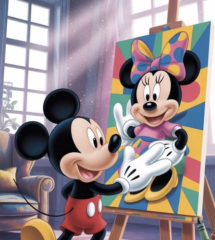 Mickey Mouse painting a vibrant portrait of Minnie Mouse on canvas in a sunlit studio