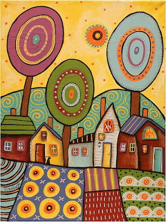Folk art illustration of village houses with whimsical circular trees in orange, green, and blue on yellow background