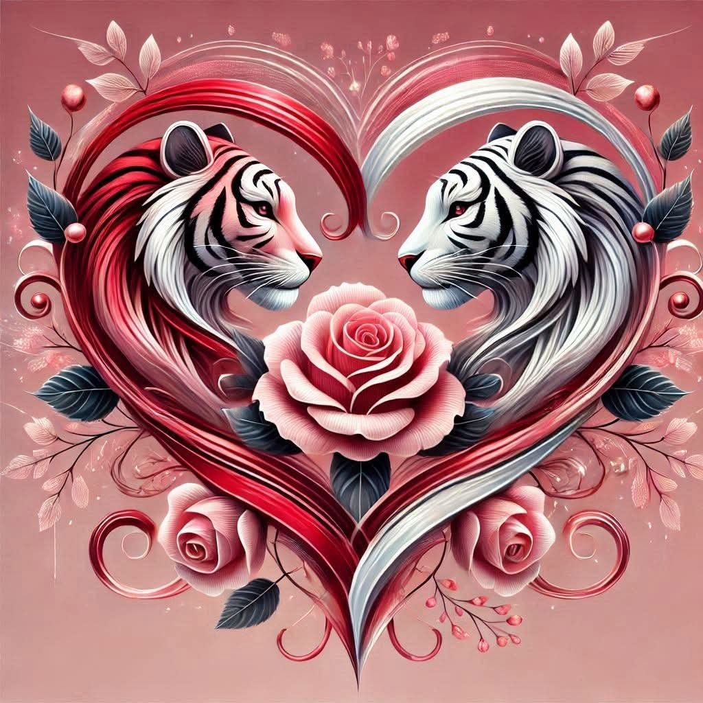 Illustration of two tiger heads forming a heart around a pink rose with floral accents