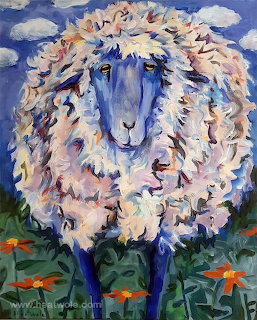 Colorful painting of a fluffy sheep standing in grass with orange flowers