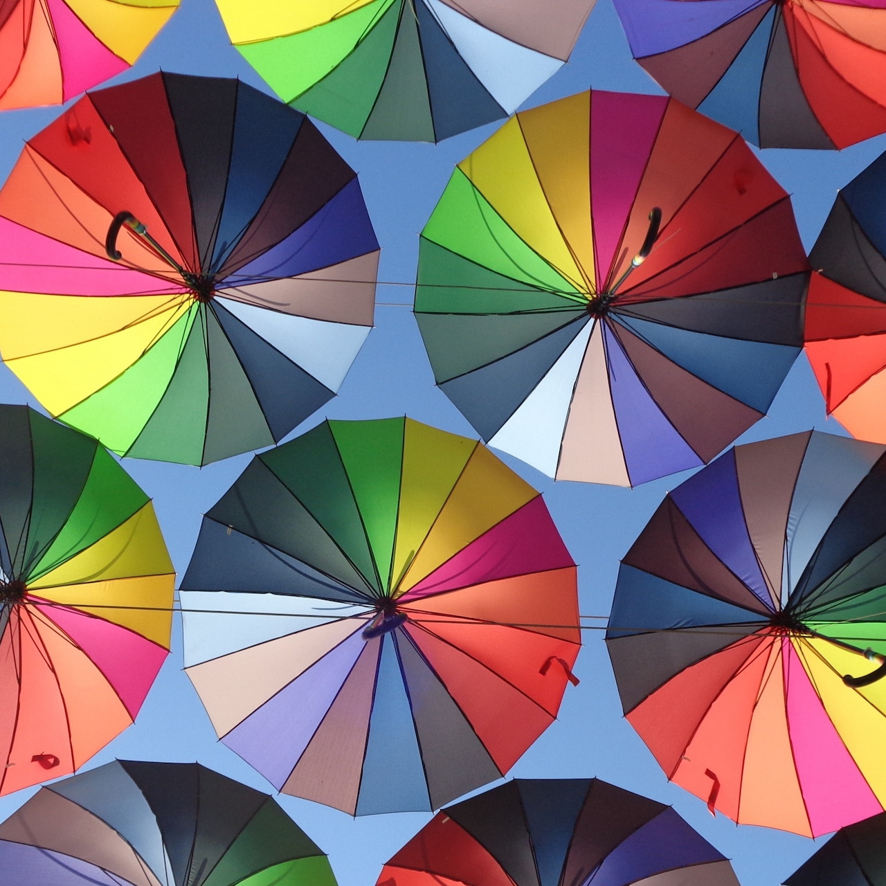 Overhead view of colorful open umbrellas on a light blue background