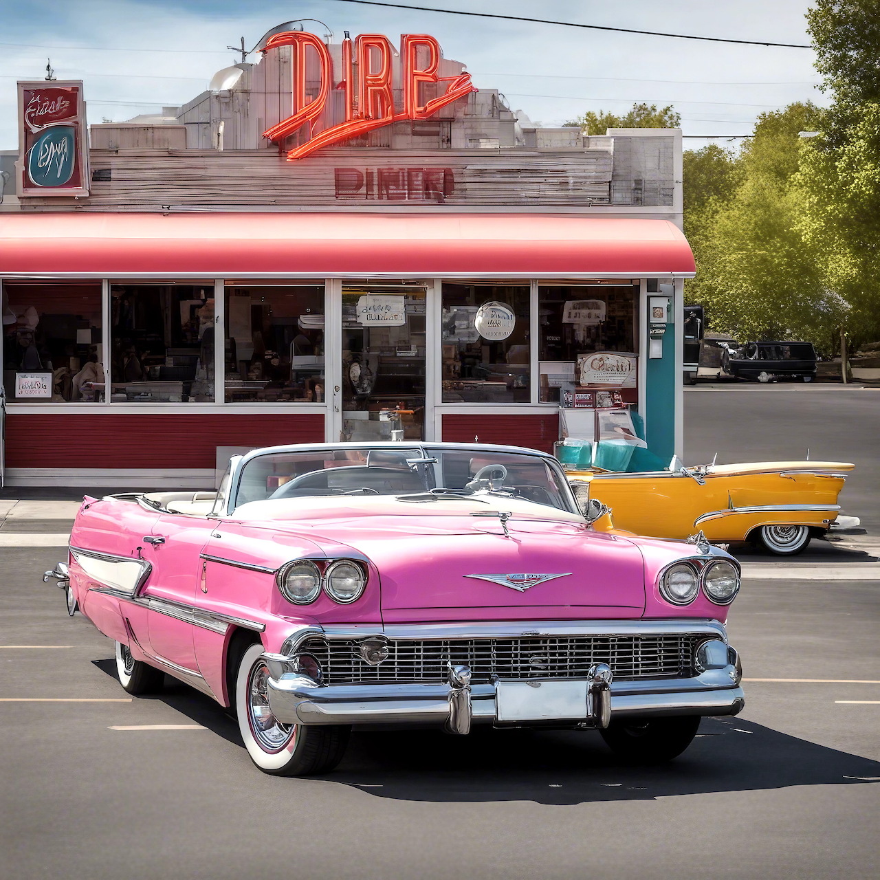 Pink classic convertible parked in front of a retro diner with another vintage car nearby
