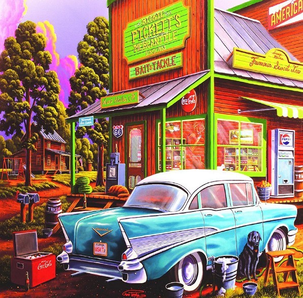 Vintage turquoise car parked in front of colorful 1950s roadside shop with green and yellow signs