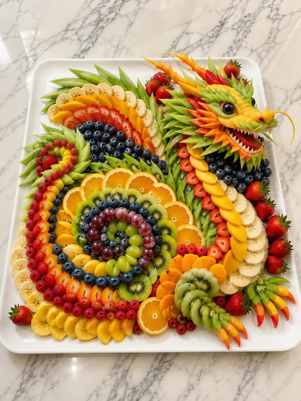 Colorful fruit platter arranged into a dragon shape on a white tray