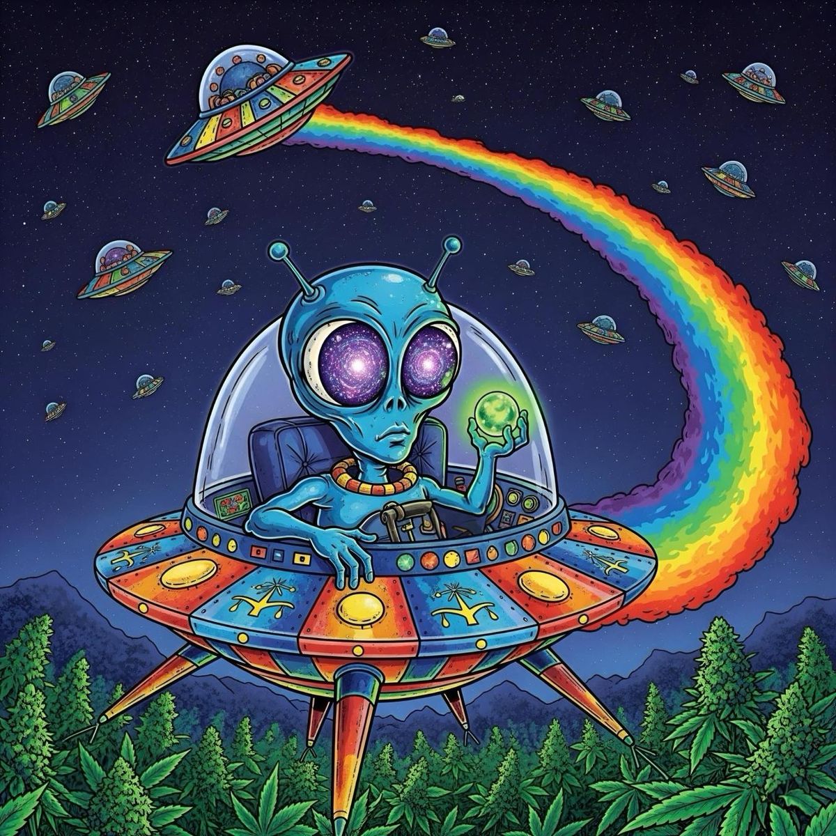 Cartoon alien in glass dome UFO with rainbow trail against starry space background