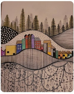 Hand-drawn whimsical village with colorful houses on hills surrounded by pine trees and doodle patterns