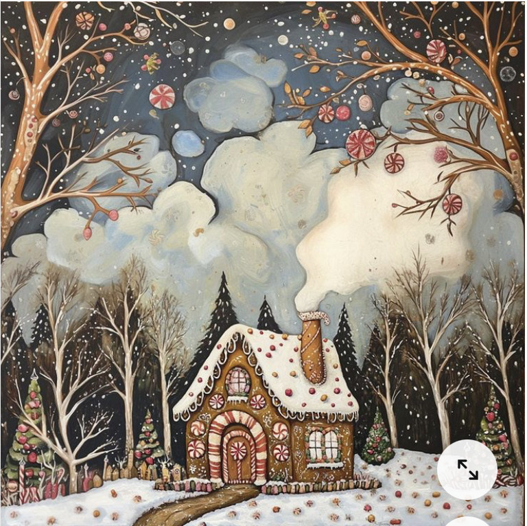 Whimsical snowy cottage with candy-like details beneath clouds and a starry winter sky