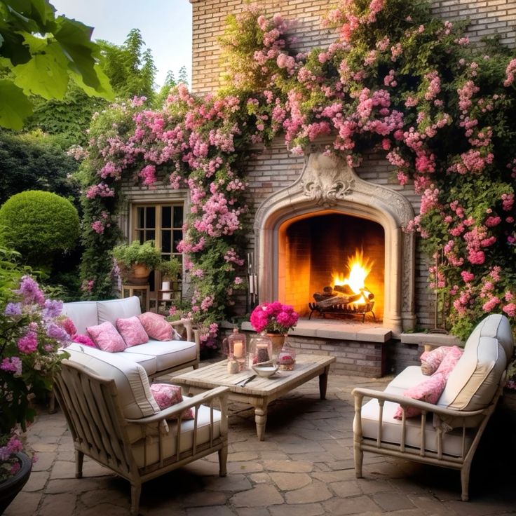 Outdoor patio with lit fireplace, cushioned furniture, and pink roses climbing brick wall in garden setting