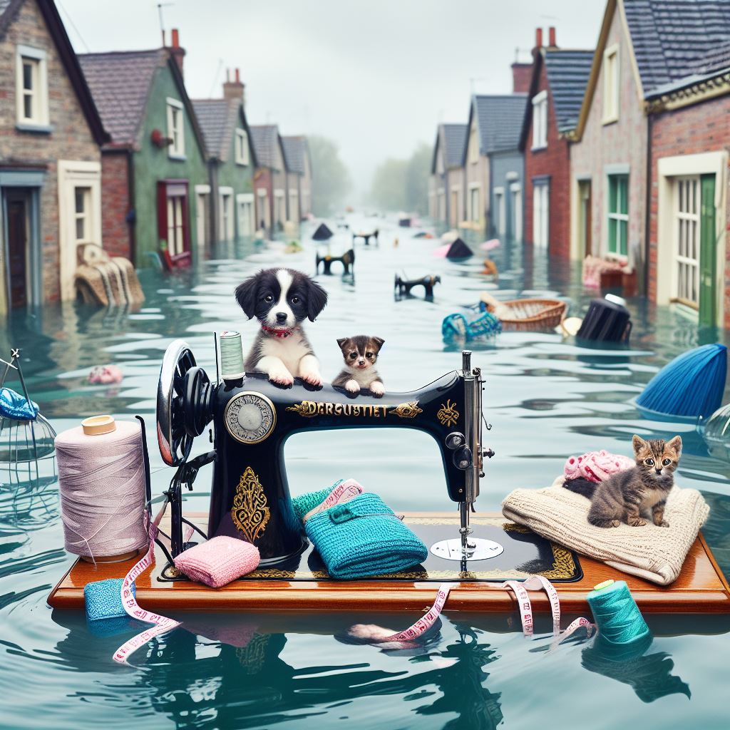 Puppy beside a vintage sewing machine on a floating table in a flooded street with a kitten nearby