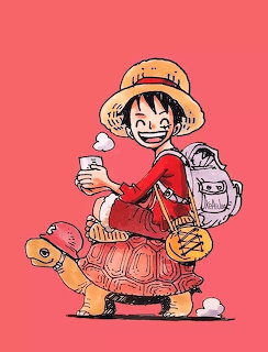 Anime character Luffy with straw hat riding a turtle, holding a drink, coral pink background
