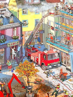 Cartoon illustration of a fire truck and firefighters rescuing people from a burning building in a busy street