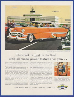Vintage ad illustration of an orange Chevrolet sedan in front of a dealership