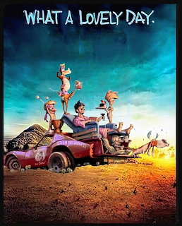 Cartoon characters in a battered car crossing a desert with a rider being pulled behind