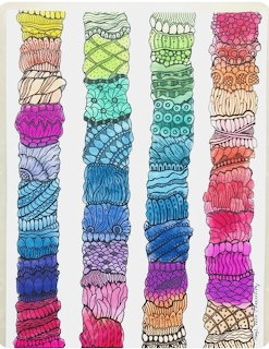 Four vertical columns with colorful hand-drawn patterns in rainbow gradient hues