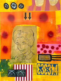 Colorful abstract collage with sketch portrait, geometric patterns, and mixed graphic elements in orange and yellow tones