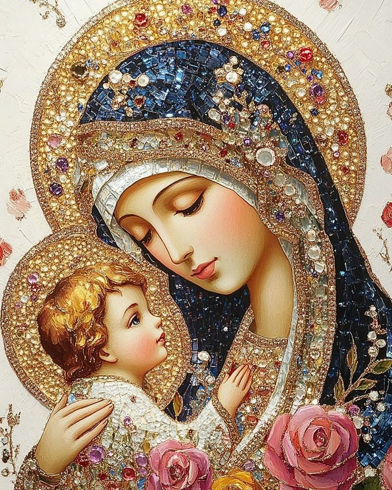 Virgin Mary in jeweled veil with golden halo tenderly holding infant Jesus with ornate halos and pink roses