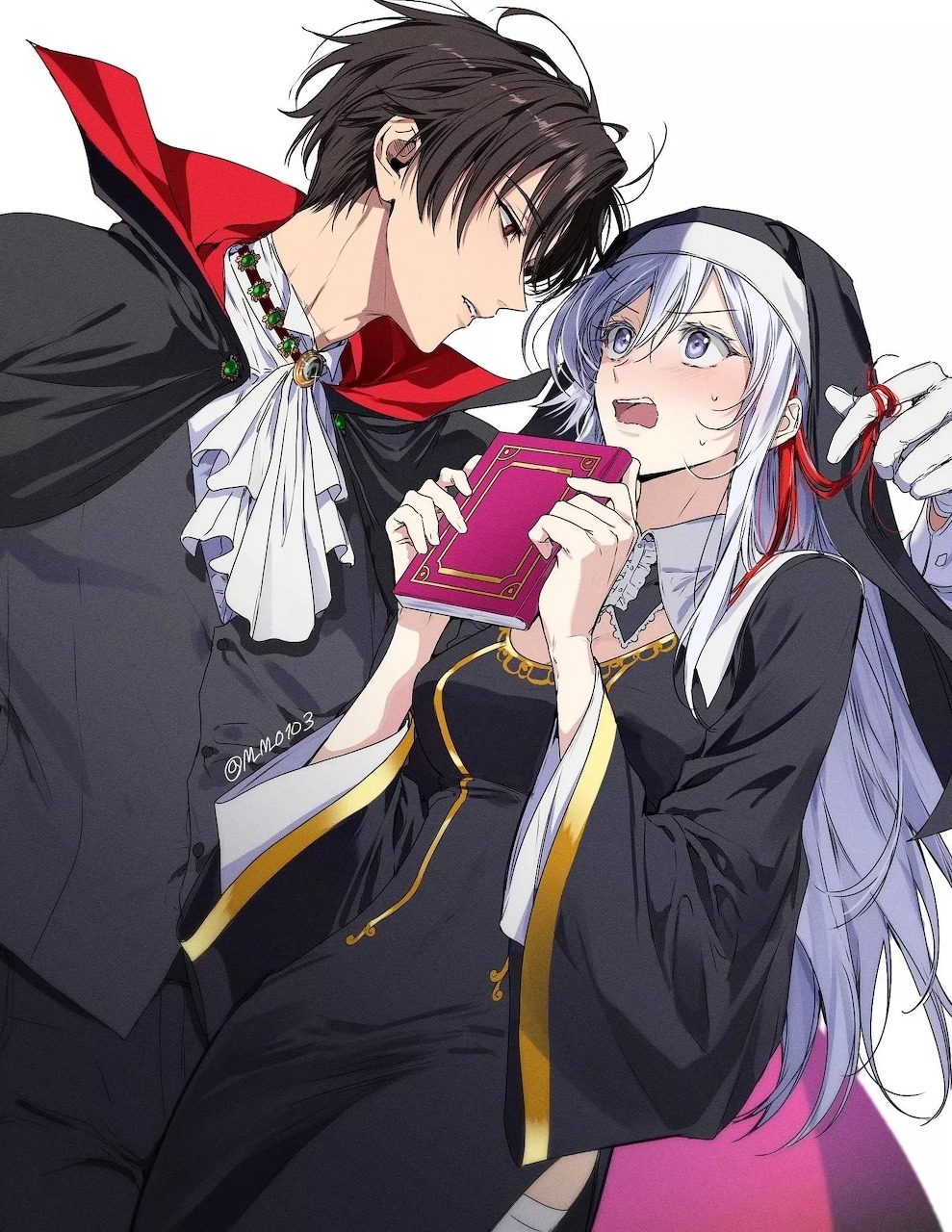 Anime duo from 86 Eighty-Six: dark-haired boy and silver-haired girl holding a pink book together