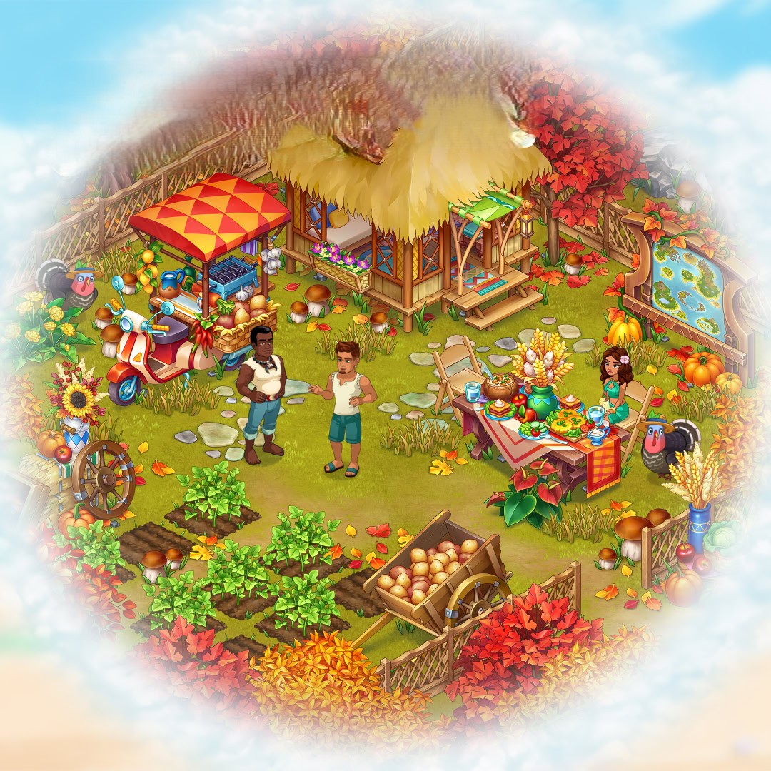 Illustrated autumn farm scene with Thanksgiving harvest, pumpkins, turkey, and people at outdoor tables with fall decorations