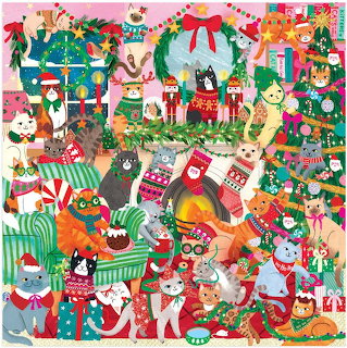 Colorful illustration of many cats in Christmas sweaters and Santa hats celebrating the holidays with decorations and gifts