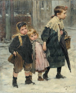 Painting of three children in winter clothes standing on a snowy street, one holding an umbrella