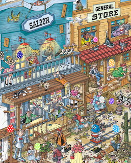 Busy cartoon Western town scene with a saloon, general store, cowboys, animals, and many small details