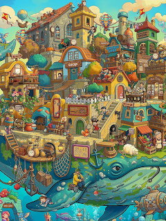 Colorful fantasy village illustration with stacked buildings, boats, and sea creatures in a whimsical style
