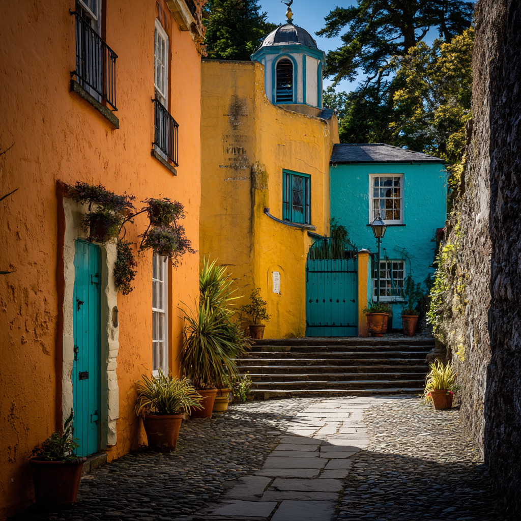 Vibrant yellow and turquoise buildings with bell tower in Welsh village courtyard with cobblestone pavement