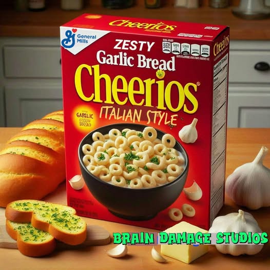 Parody Garlic Bread Cheerios cereal box on a counter with bread, garlic, and a bowl of cereal