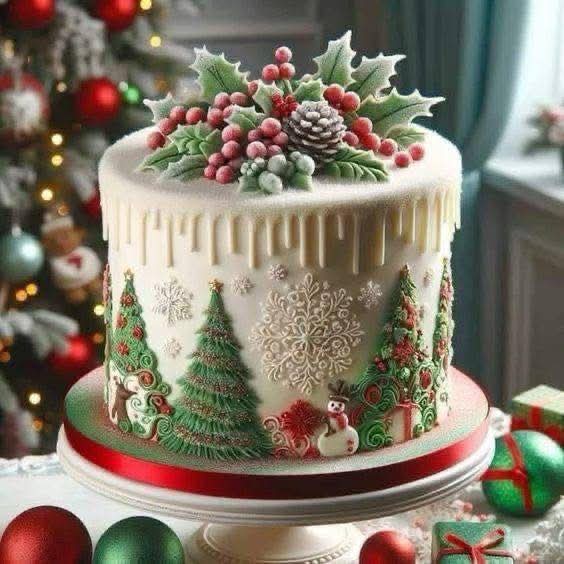 White frosted Christmas cake with holiday decorations including berries, pine cones, trees, and gingerbread figures
