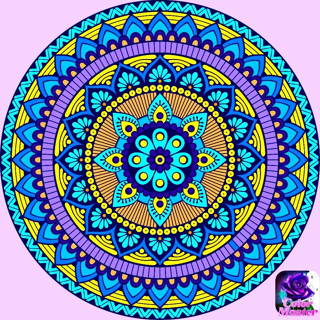 Detailed mandala with concentric circles of blue, yellow, and purple patterns on pink background