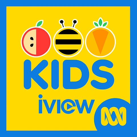 ABC Kids iView logo with cartoon apple, bee, and carrot icons on yellow background
