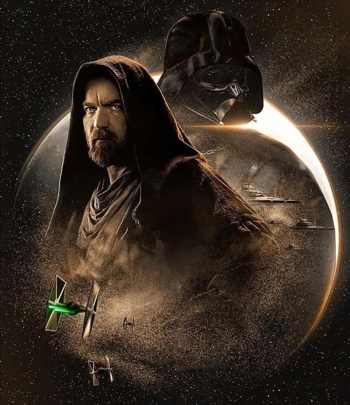 Obi-Wan Kenobi in brown Jedi robes with Darth Vader helmet looming behind him in space