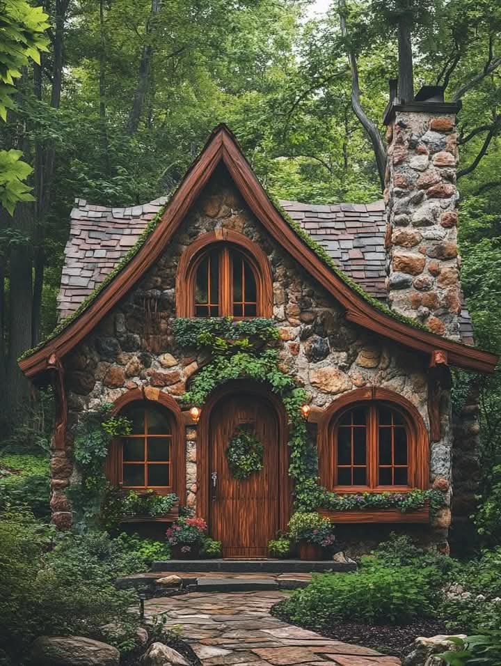 Stone cottage with wooden door, arched windows, and chimney surrounded by green forest and garden plants