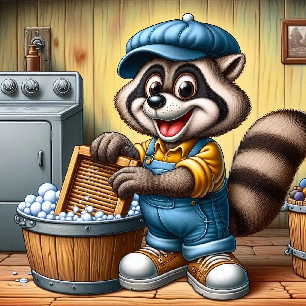 Cartoon raccoon character doing laundry with washboard and wooden tub in vintage room