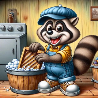 Cartoon Raccoon Doing Laundry