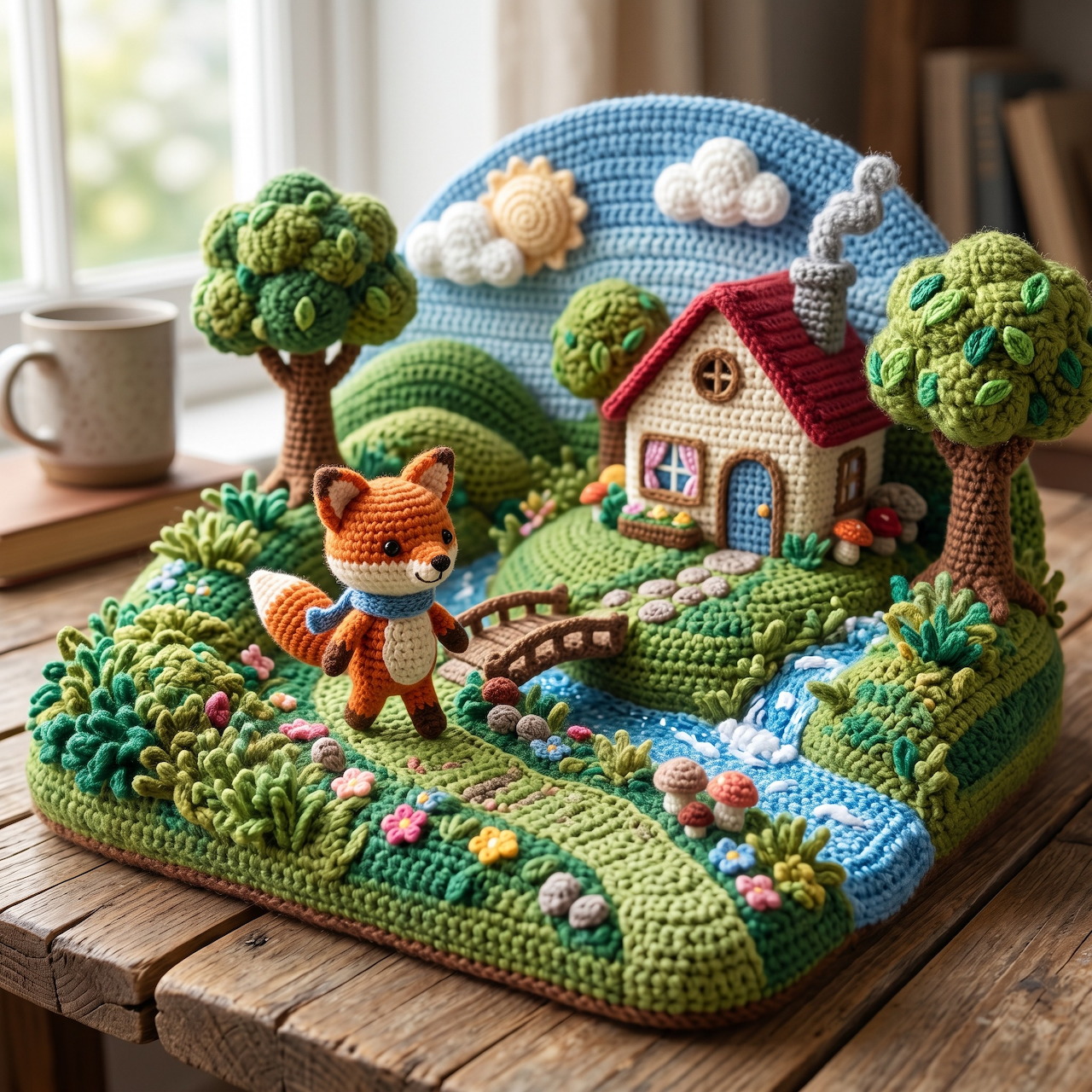 Crocheted miniature scene with fox, cottage, bridge, stream, trees and flowers on a green base