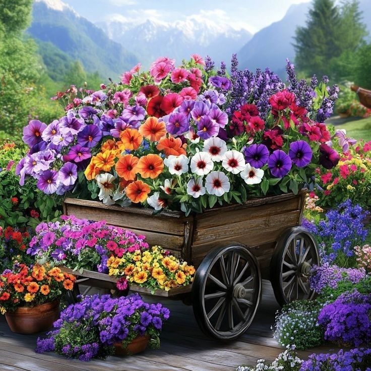Wooden cart filled with colorful flowers in a garden with mountains behind
