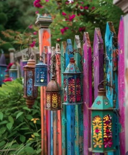 Colorful painted wooden fence posts with decorative lanterns hanging in a garden