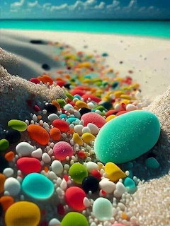 Colorful polished stones and pebbles on sandy beach with turquoise ocean background