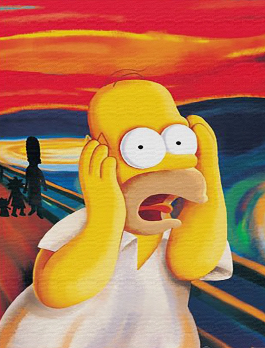 Homer Simpson imitating The Scream painting with hands on face and mouth open wide