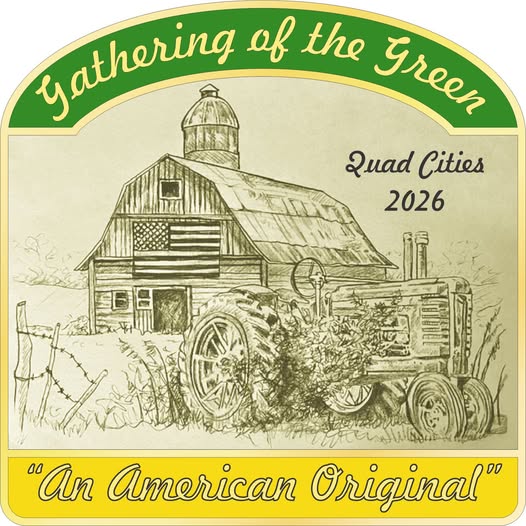 Vintage farm advertisement with a barn, an old tractor, and green and yellow text